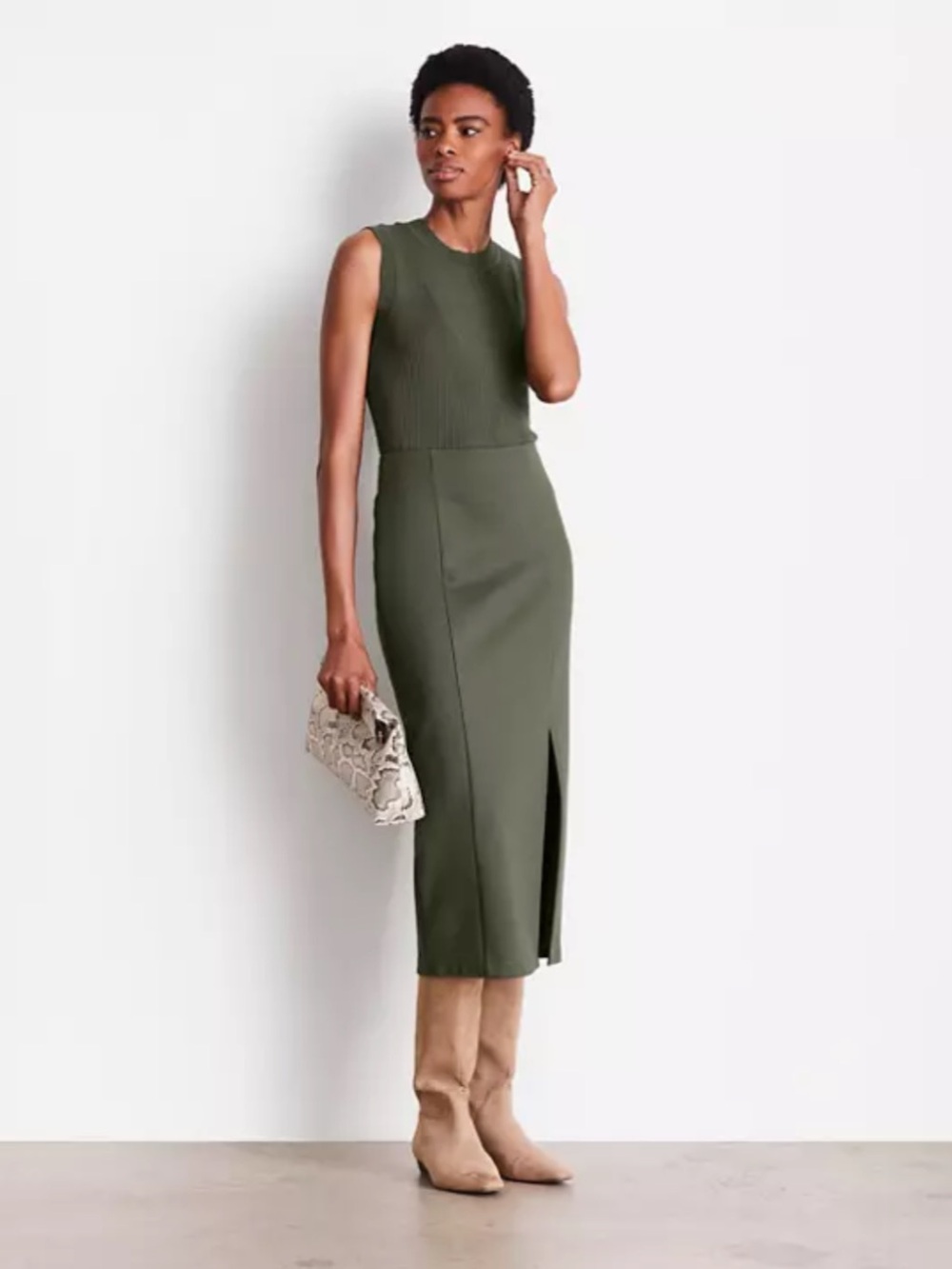 Petite LOFT Versa Ponte Column Midi Skirt